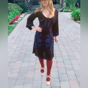 Free people midi black/blue embroidery floral dress, M NWOT